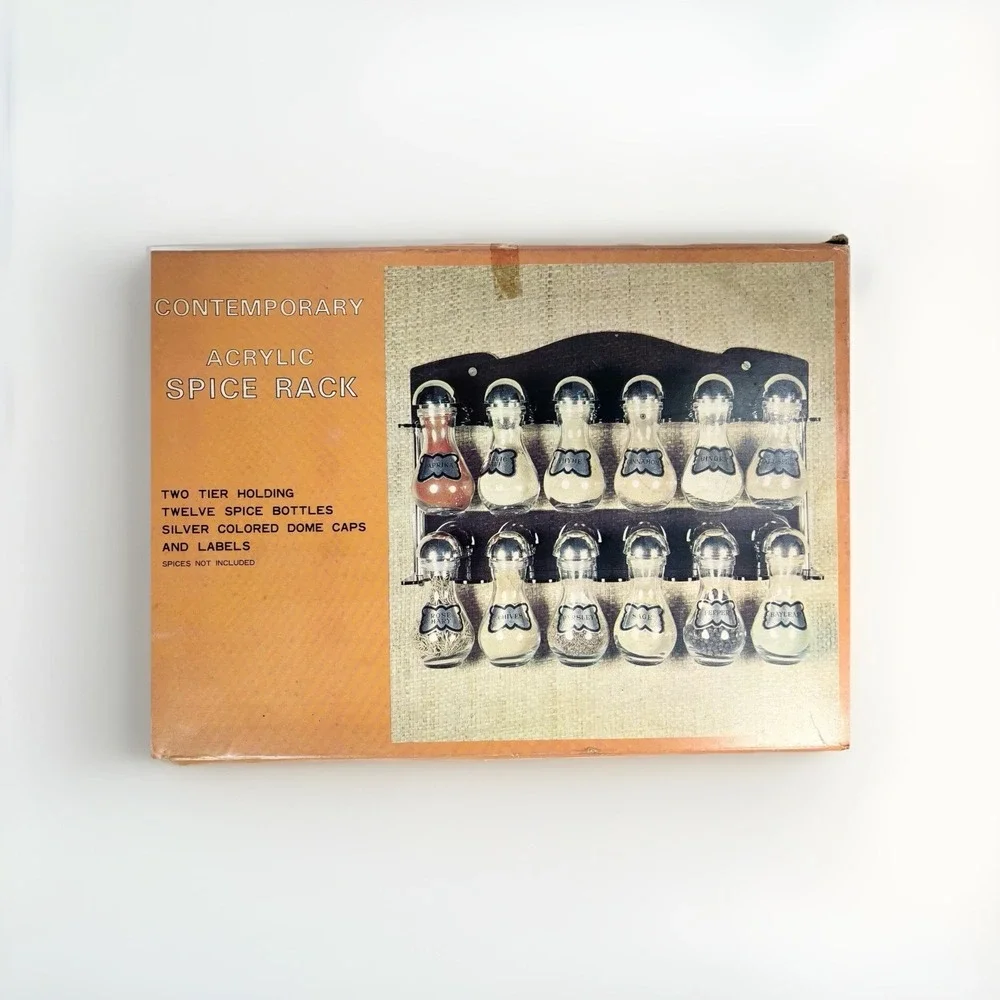 Vtg Two Tier Wall Contemporary Acrylic Gray Spice‎ Rack 6 Spice Bottles